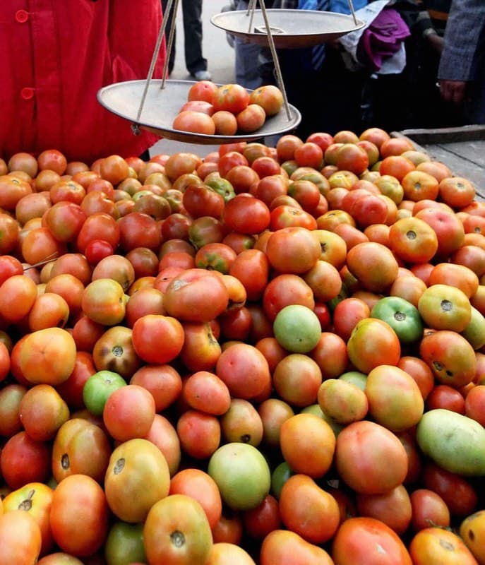 A vendor weighing tomatoes with a traditional balance at a market in Madurai